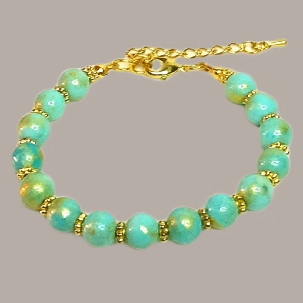 Blue and Gold Jade Beaded Lobster Clasp Bracelet Adjustable 7-9" Boho Bracelet